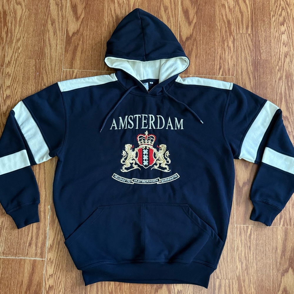 Vintage Amsterdam Hooded Sweatshirt with Embroidered Crest Design Size M